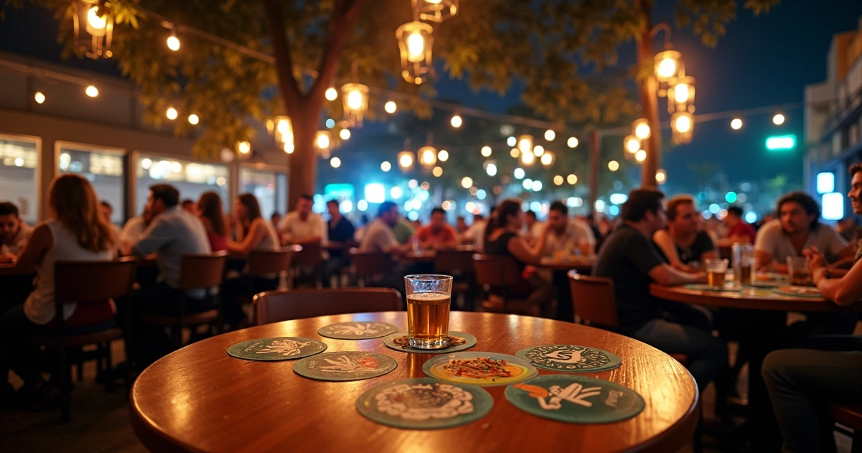 Pessoas em bares selecionados usando porta-copos com publicidade 