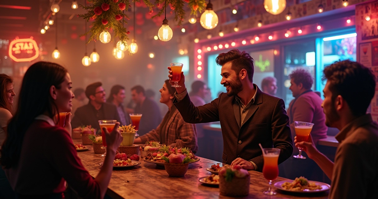 Decoração temática de bar com luzes, quadros coloridos e clientes brindando 