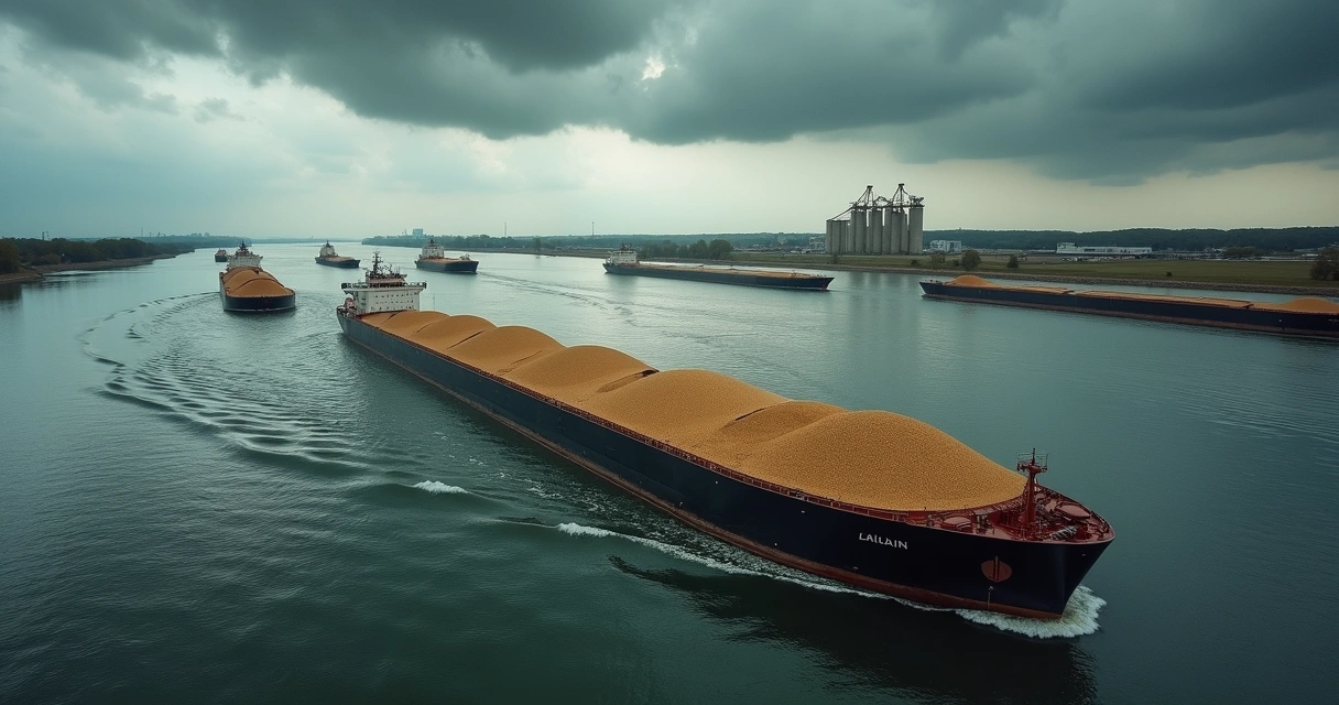 Barges carrying commodities on a river with a tense, overcast sky 