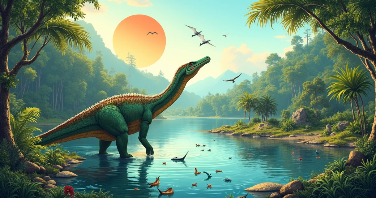 Ilustração do dinossauro Barionix em ambiente pré-histórico com lago e vegetação densa, mostrando fósseis na cena.