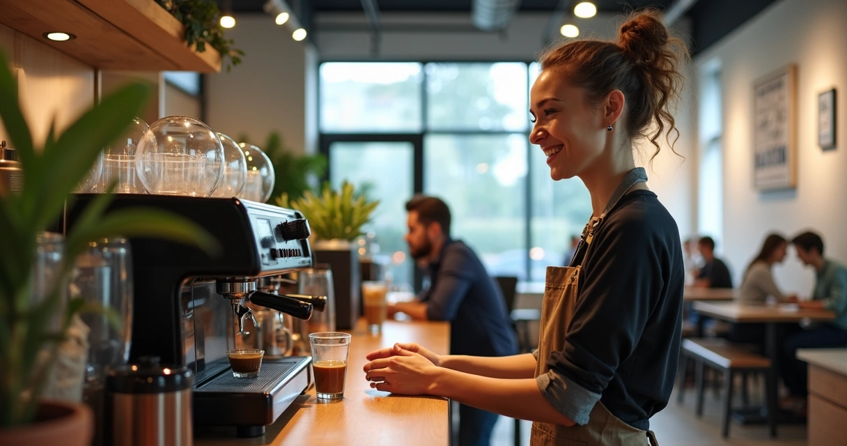 Barista servindo café especial para funcionários em empresa moderna 