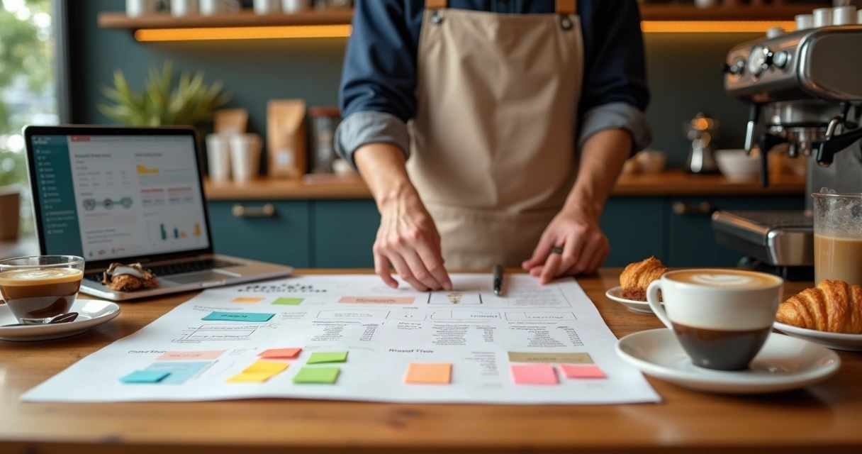 Barista organizando cardápio de cafeteria sobre o balcão 