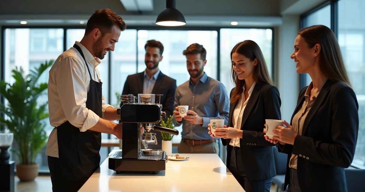 Barista preparando café em ambiente corporativo 