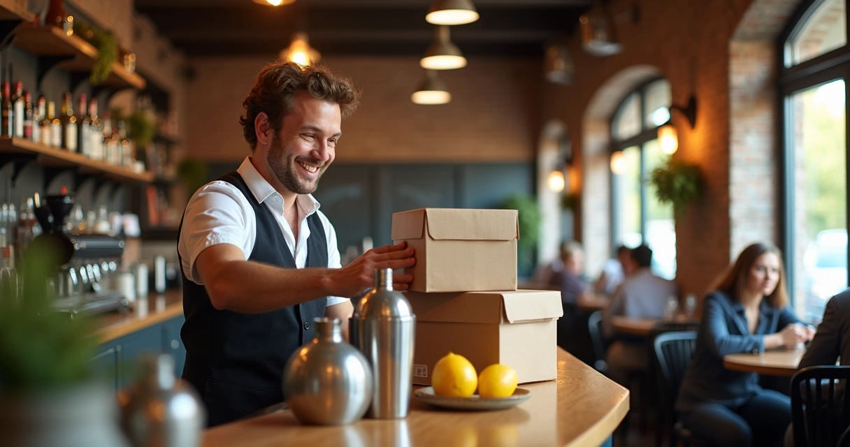 Barista recebendo caixas de mercadorias do fornecedor 