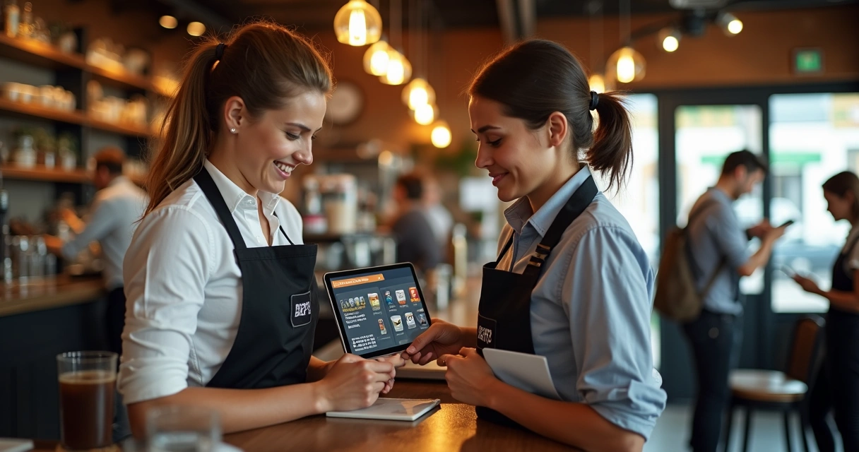 Barman e barista acessando o cardápio digital no tablet em ambiente de bar moderno 