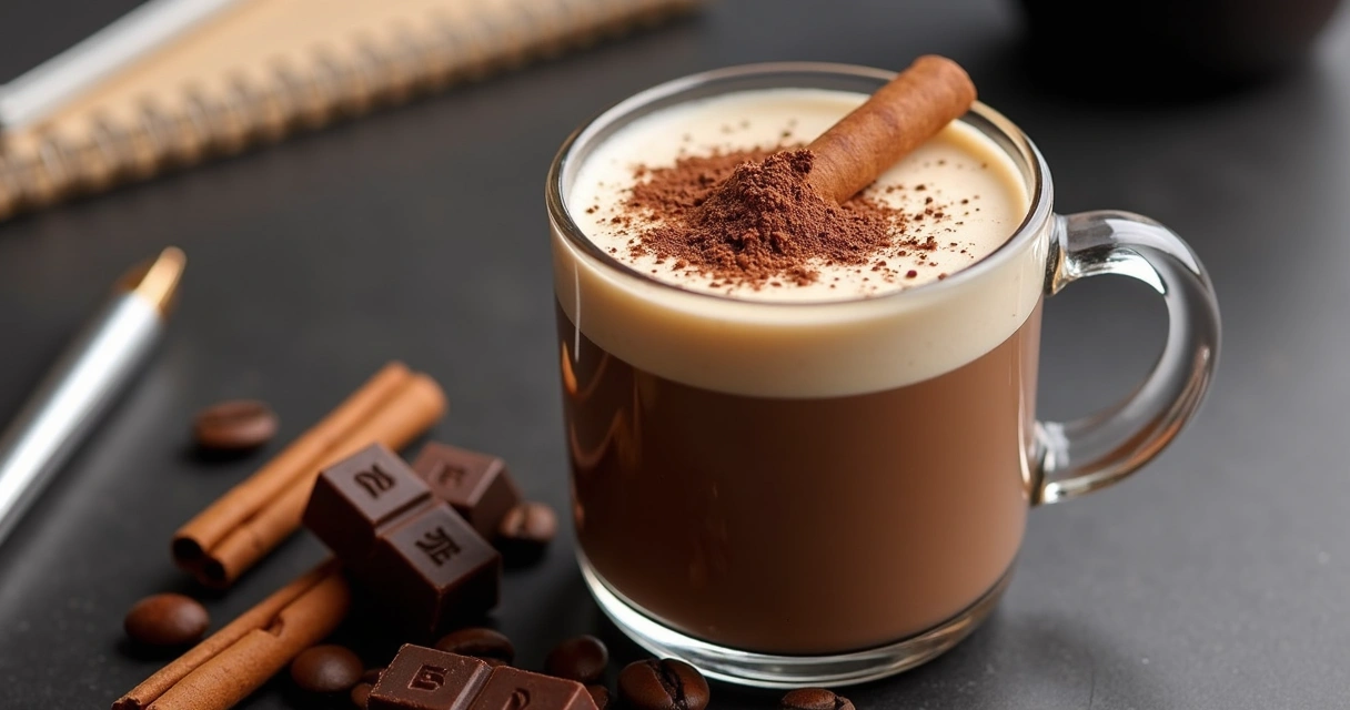 Café cremoso com chocolate e canela decorado em copo de vidro