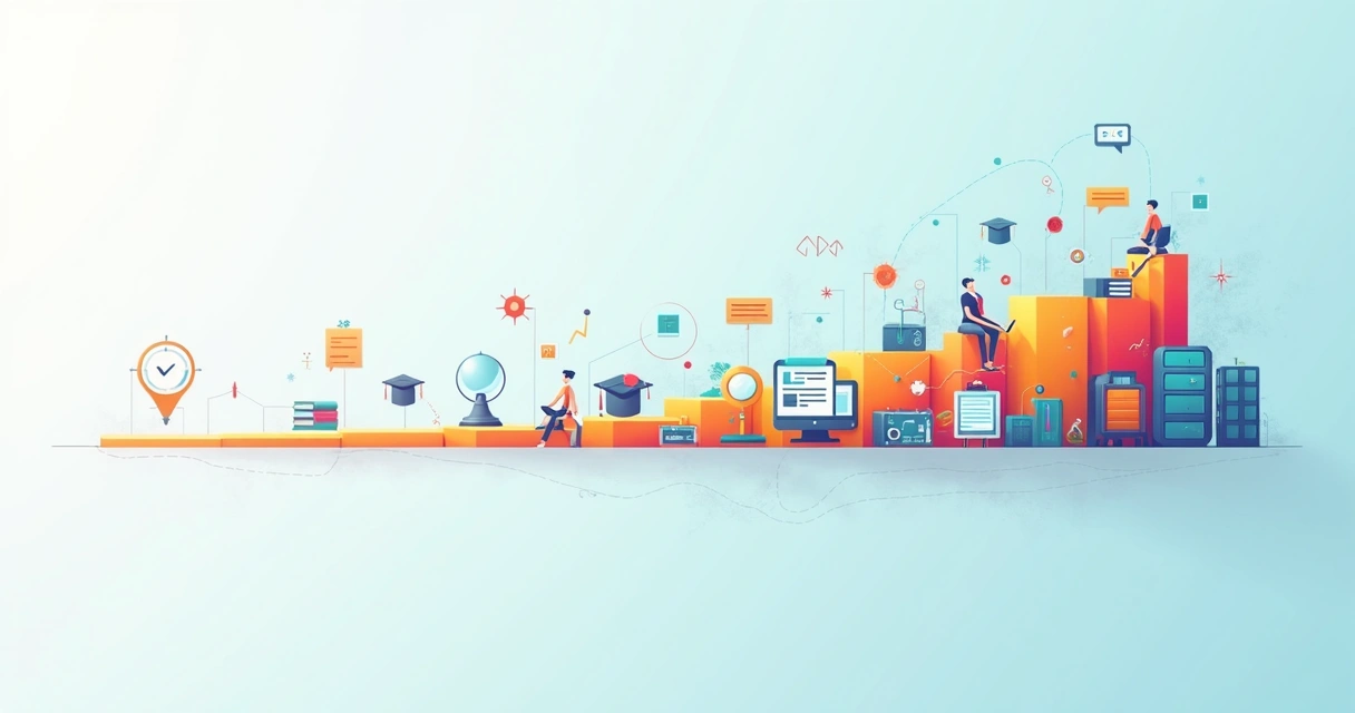 Barra de progresso digital ilustrando avanços em conhecimento com ícones educacionais 