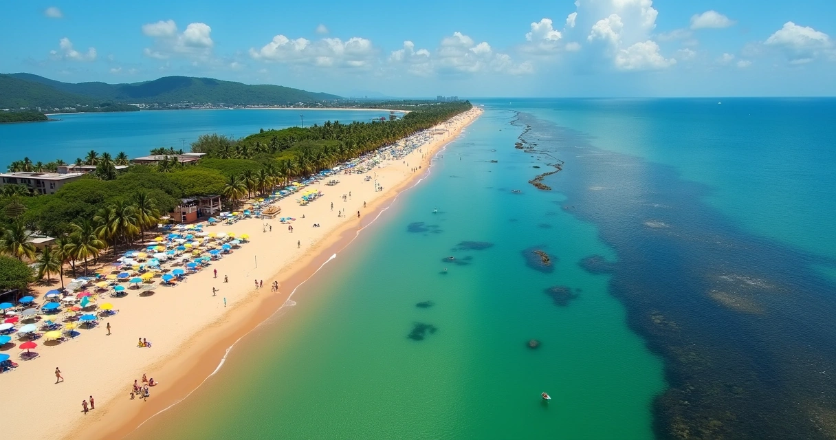 Vista aérea da Praia da Barra de São Miguel com mar calmo e recifes ao fundo 