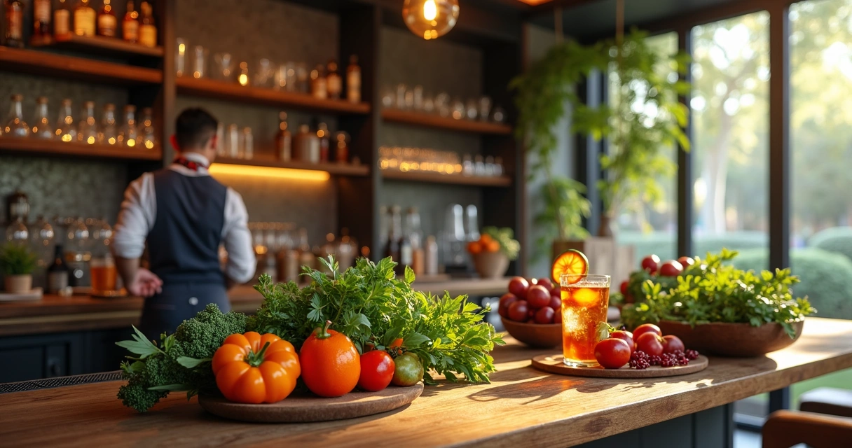 Mixologista preparando drinks em bar com ingredientes naturais 