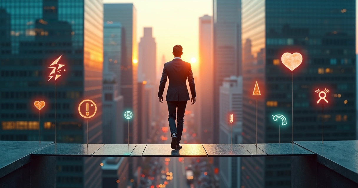 Líder caminando en una barra de equilibrio sobre ciudad con emociones dispersas en el aire 