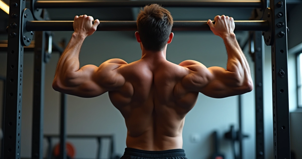 Pessoa executando barra fixa pronada com foco nas costas e postura alinhada 