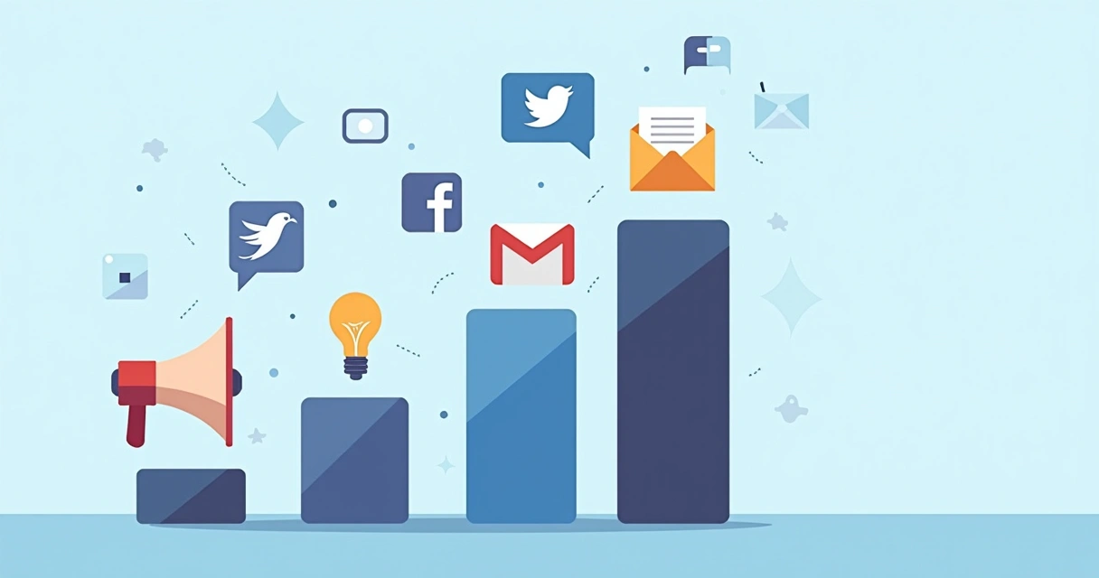 Gráfico ilustrativo de barras de progresso e diversos ícones de comunicação, como megafone e redes sociais, crescendo da esquerda para a direita, com fundo azul claro