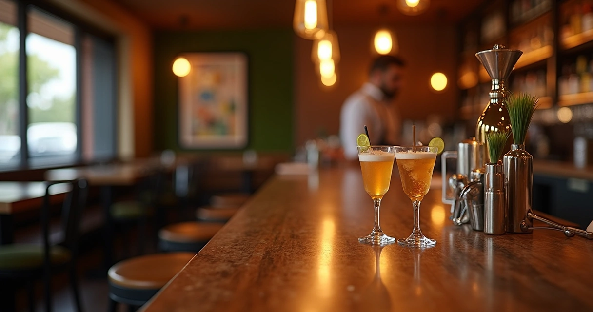 Atendente sugerindo upgrade de drink em bar moderno 