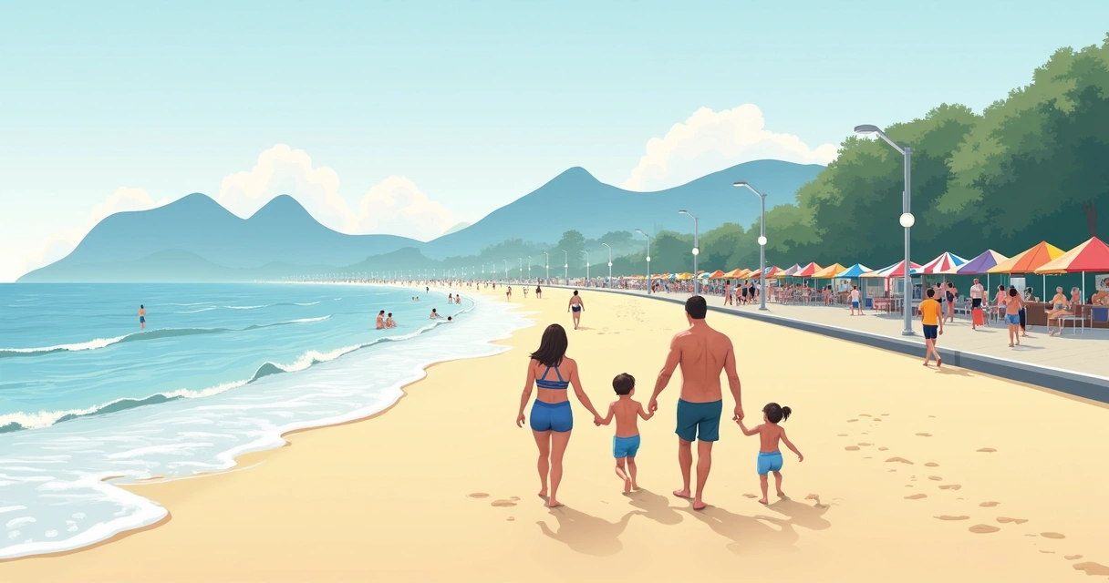 Pais com dois filhos brincando na barra da Tijuca com guarda-sol ao fundo 