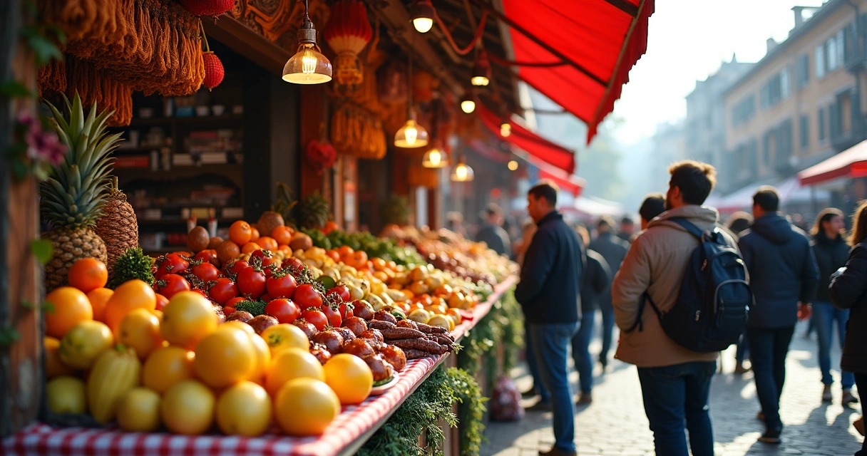 Barraca de feira servindo comida típica em uma cidade turística 
