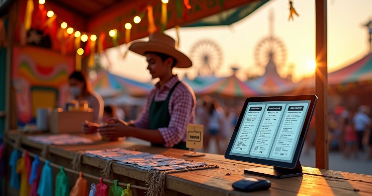 Balconista em barraca de festa junina entrega pulseiras de ingresso ao lado de tablet com QR codes 