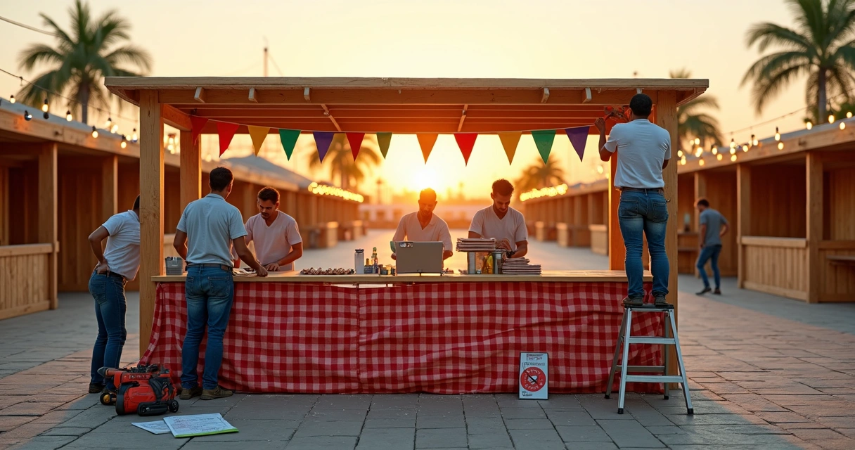 Barraca de festa junina colorida sendo montada por equipe em praça ao entardecer 