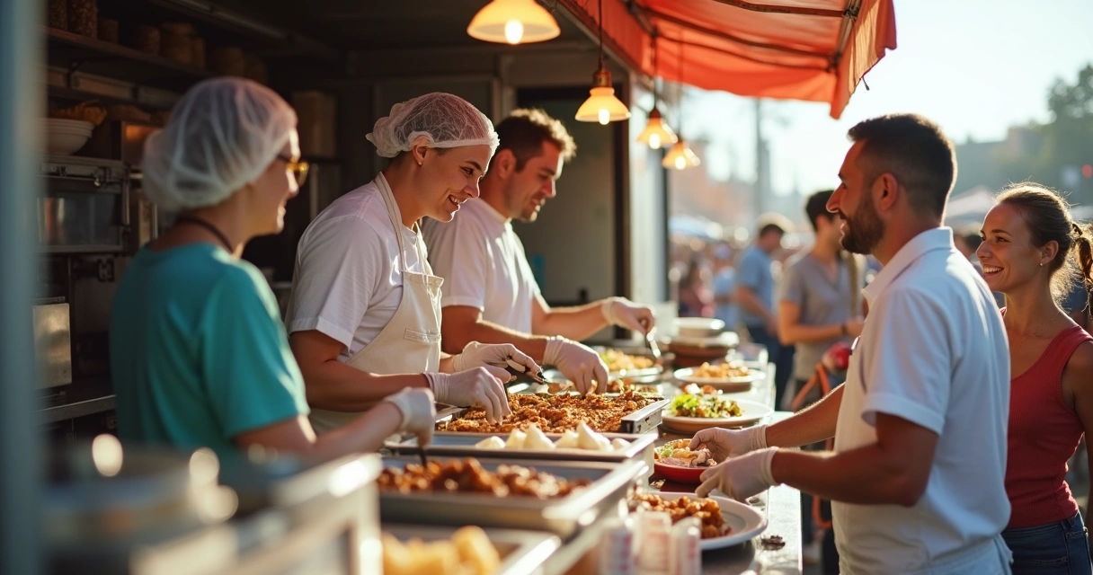Food truck limpo com funcionários usando luvas, servindo clientes felizes. 