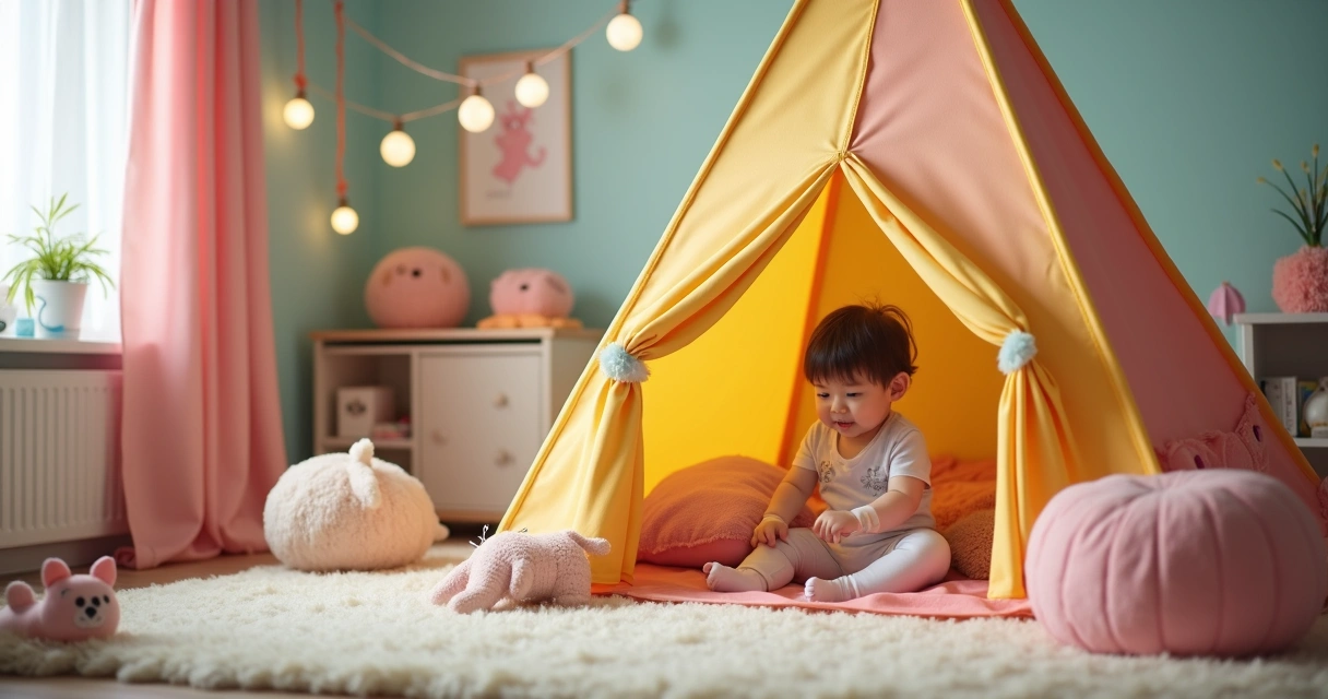 Menina brincando dentro de barraca infantil colorida no quarto 