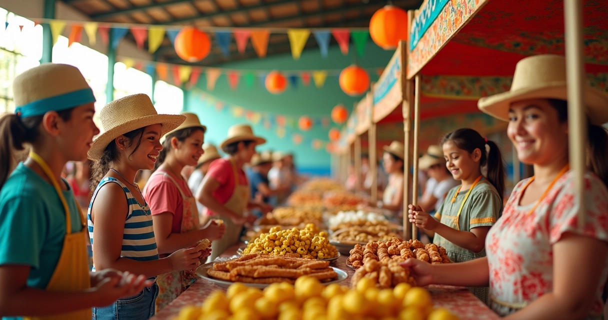 Barracas coloridas com comidas típicas em festa junina escolar 