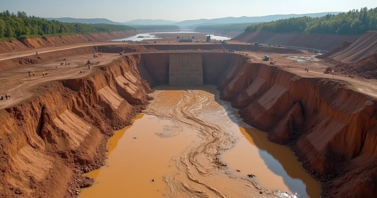 Perspectiva aérea de barragem rompida com lama espalhada 