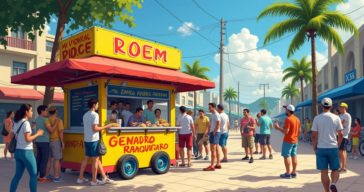 Barraca de comida típica carioca em rua movimentada 