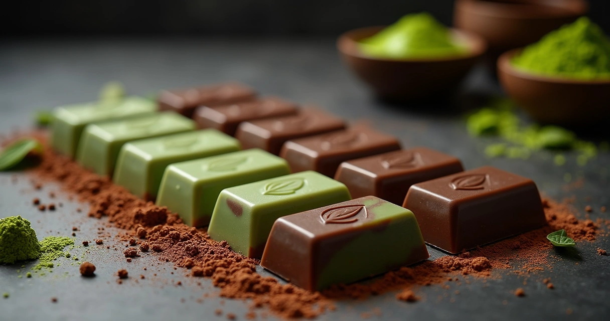 Barras de chocolate artesanal verde com toque de moringa em bancada elegante 