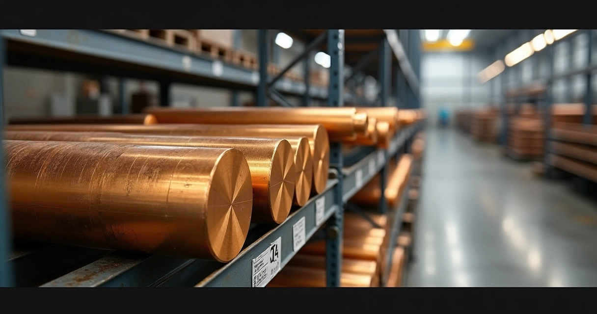 Barras metálicas de bronze organizadas em estoque industrial