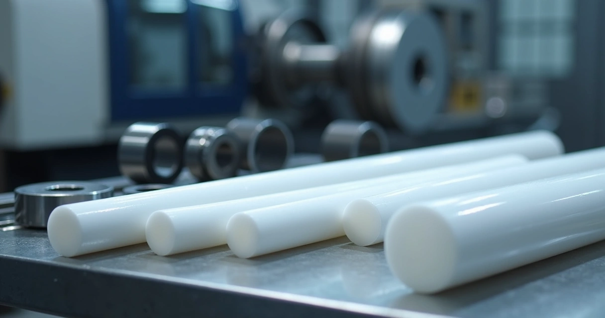 Barras de PTFE e peças usinadas em bancada industrial 