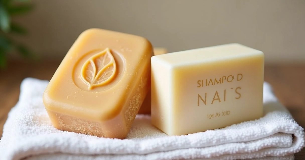 Duas barras, uma de shampoo sólido e outra de shampoonete, sobre uma toalha branca 