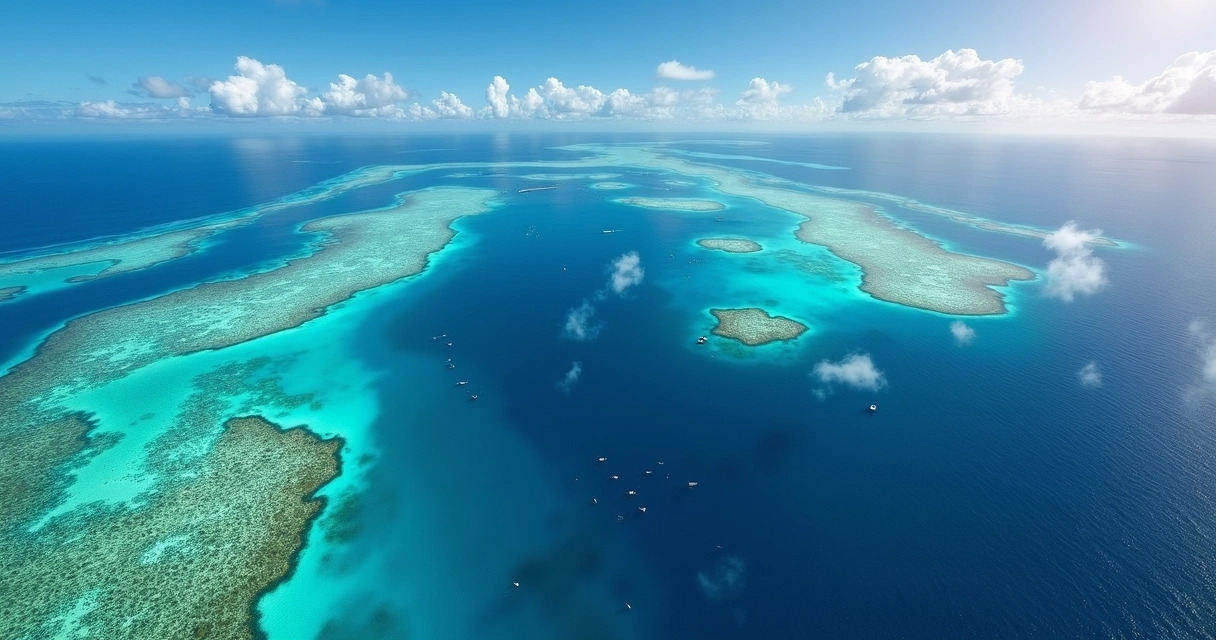 Vista aérea da Grande Barreira de Coral próxima a Cairns 