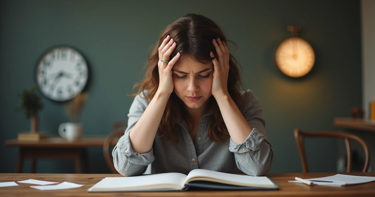 Pessoa sentada diante de uma mesa com caderno aberto e expressão pensativa, representando bloqueio para iniciar tarefa.
