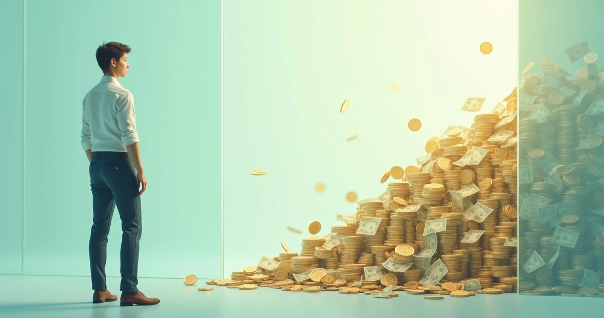 Ilustração de uma pessoa entre uma parede invisível e uma pilha de moedas.