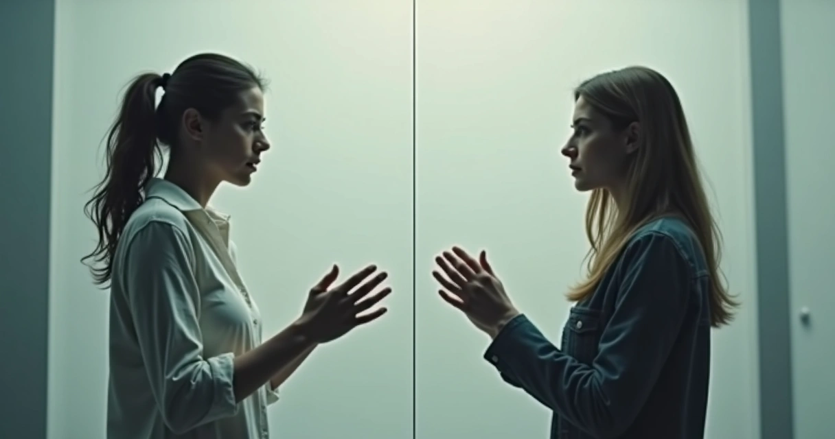 Duas pessoas separadas por uma parede transparente, olhando uma para a outra, em um ambiente neutro. 