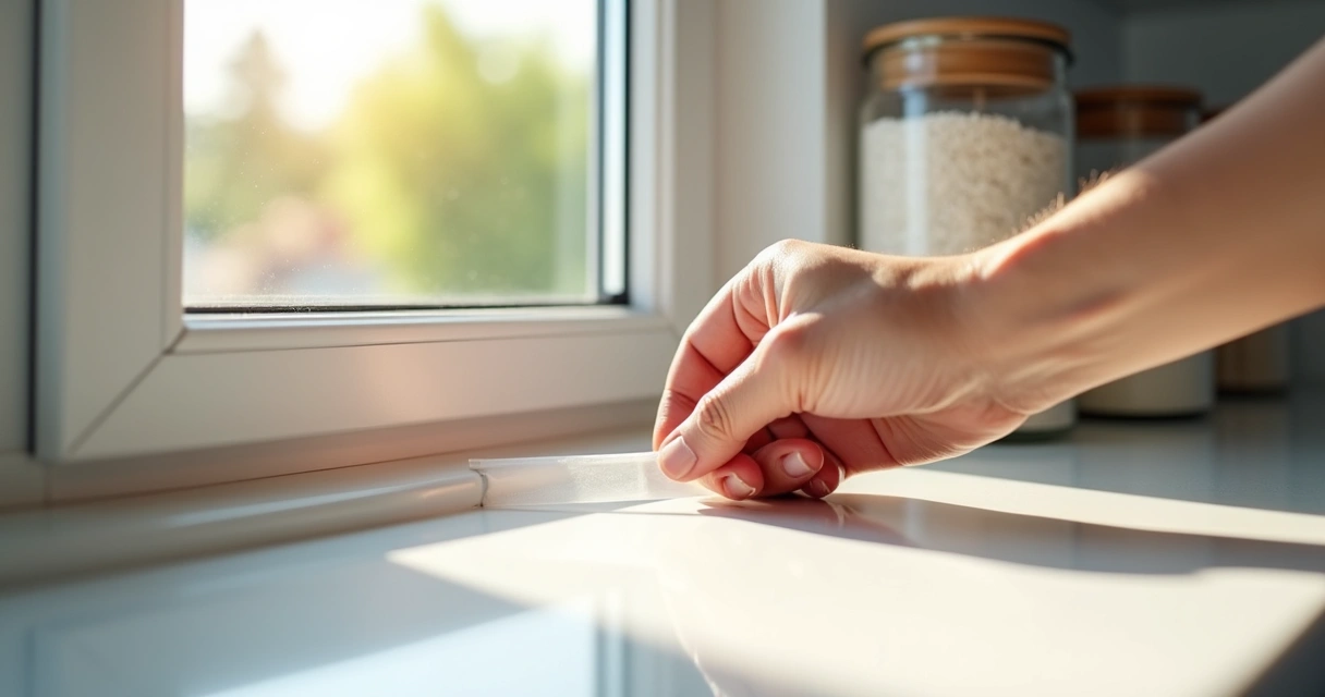 Tira de silicone vedando fresta em janela de cozinha