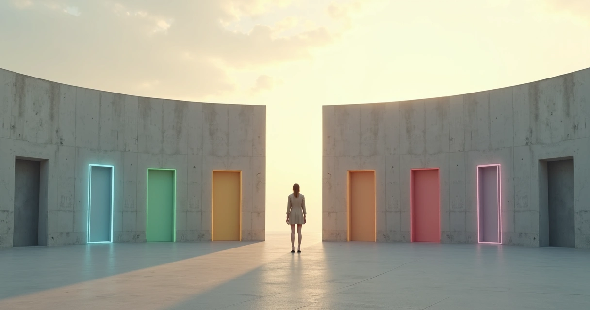 Pessoa diante de parede rachada com portas invisíveis sugerindo barreiras internas 