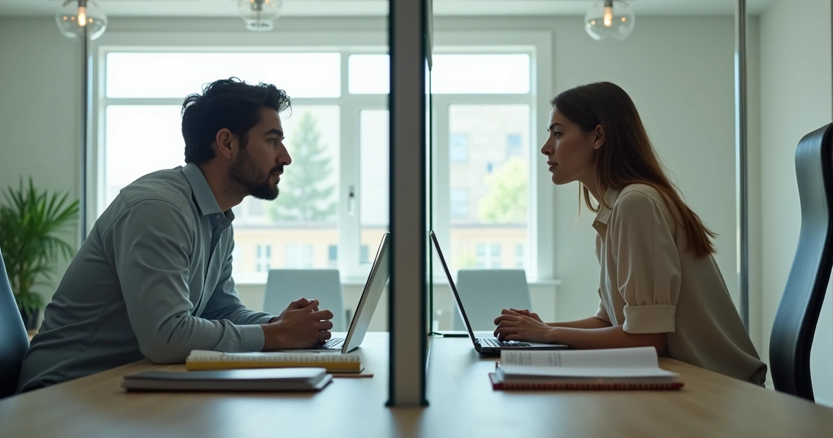 Duas pessoas separadas por blocos transparentes em ambiente cotidiano 