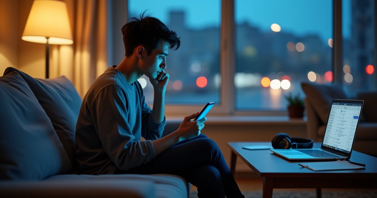 Pessoa sentada em um sofá cercada por distrações tecnológicas e pensando sobre si mesma 