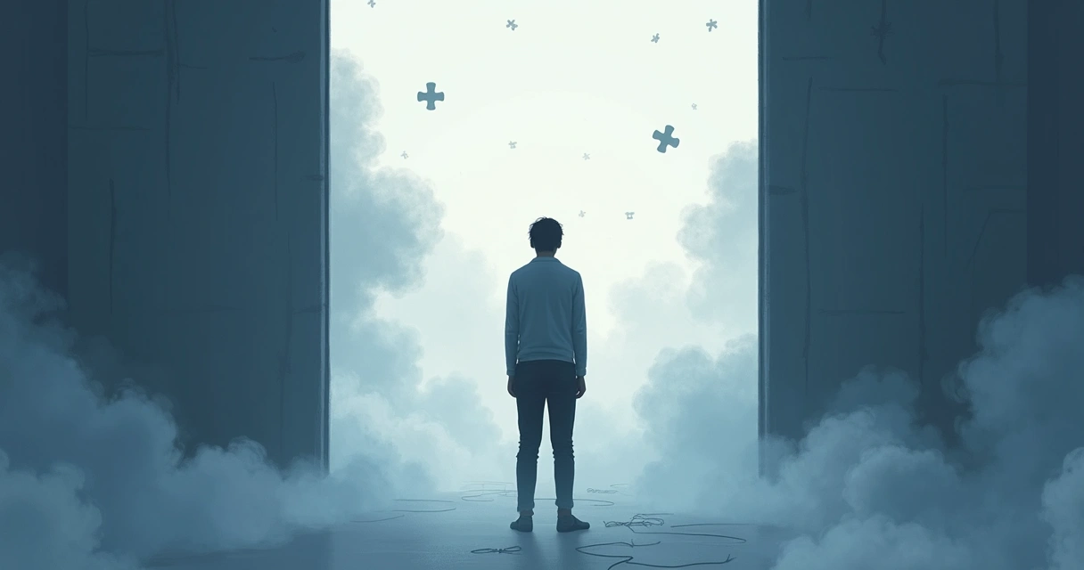 Ilustrações representando obstáculos abstratos entre uma pessoa e seu reflexo no espelho, simbolizando barreiras internas na autoconsciência