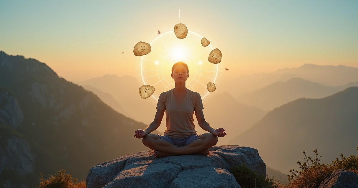Pessoa de olhos fechados no topo de montanha com sete pedras flutuando ao redor da cabeça 
