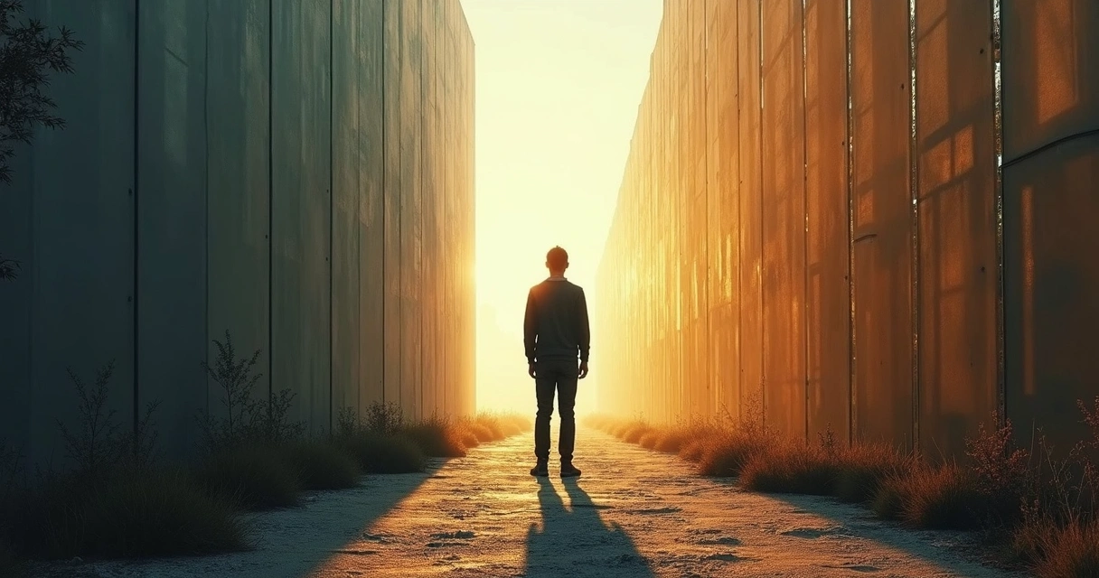 Pessoa diante de um caminho dividido por barreiras simbólicas