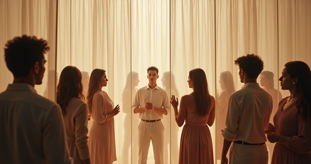 Mãos levantando um véu transparente, revelando espelhos e rostos pensativos 