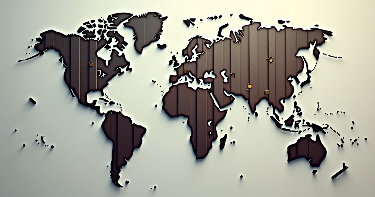 Mapa do mundo cortado por grades simbolizando barreiras políticas.