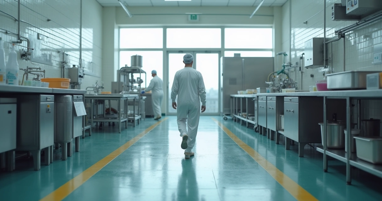 Funcionário de fábrica passando por barreira sanitária em indústria de alimentos 