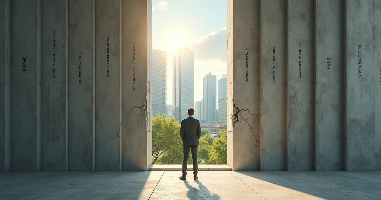 Líder em frente a muro fragmentado em sete partes olhando para uma cidade sustentável ao fundo 