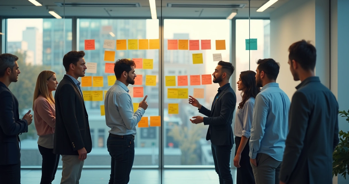 Wall filled with sticky notes and employees discussing new ideas