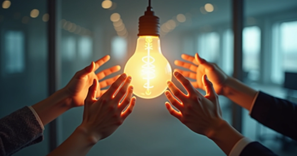 Várias mãos tentando alcançar lâmpada brilhante separada por vidro transparente invisível 