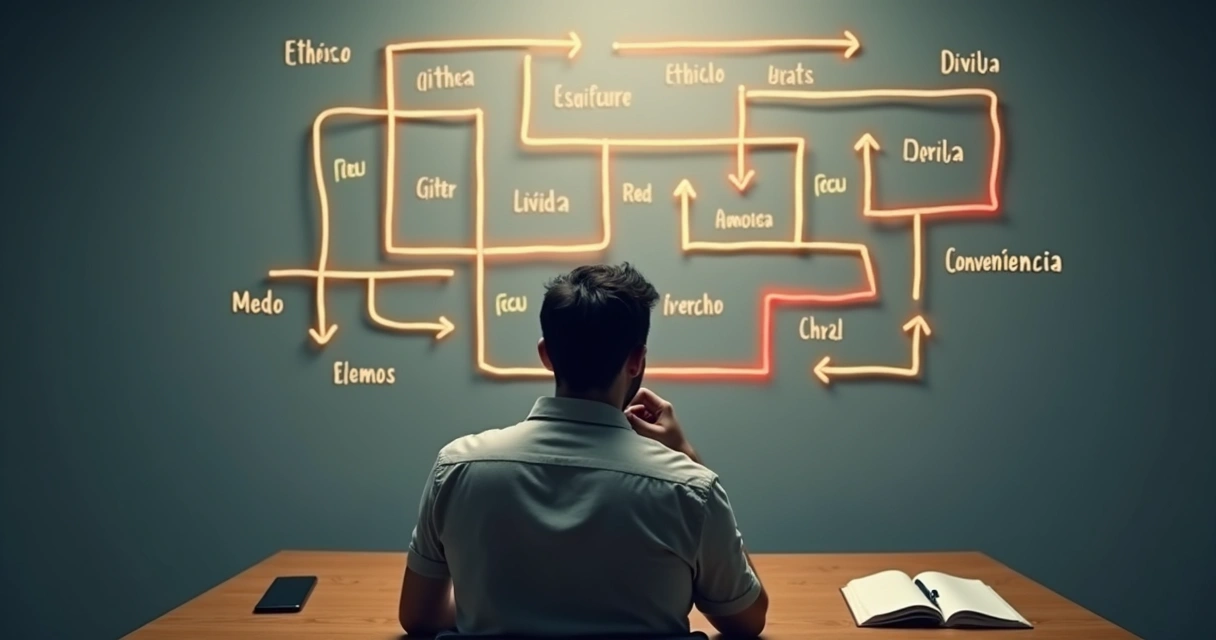 Pessoa refletindo diante de múltiplos caminhos simbolizando dilemas éticos 