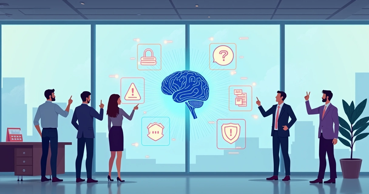 Equipe de negócios observa parede de vidro com símbolos de IA e barreiras 