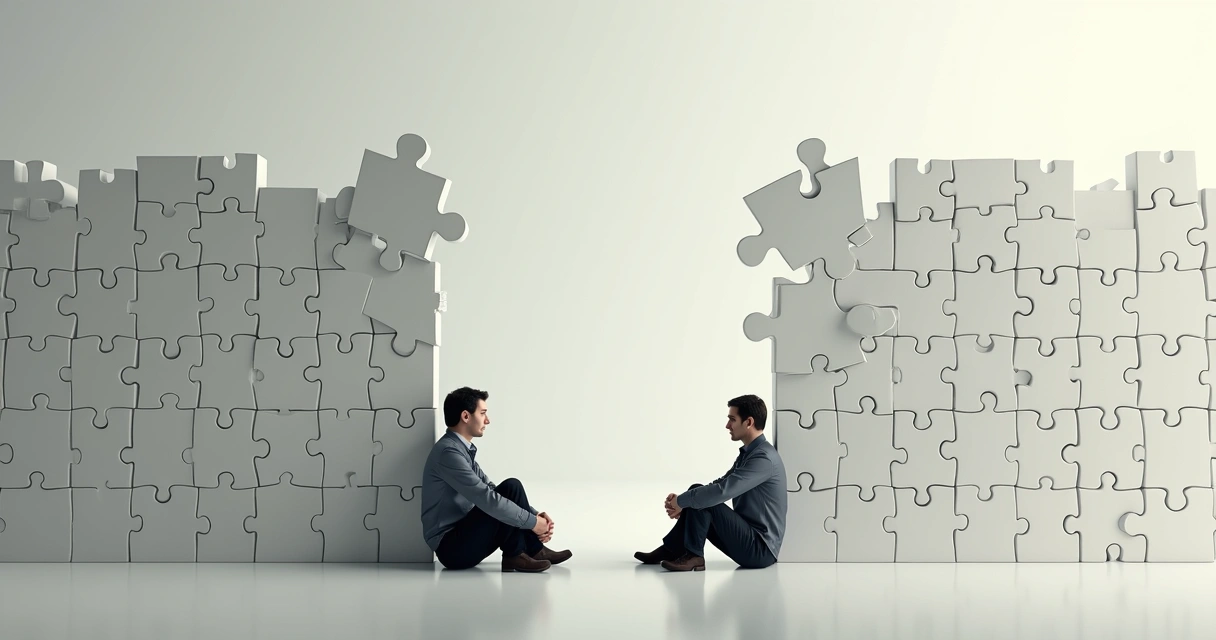 Muralha simbólica composta de peças de quebra-cabeça separando duas pessoas sentadas cada uma de um lado 